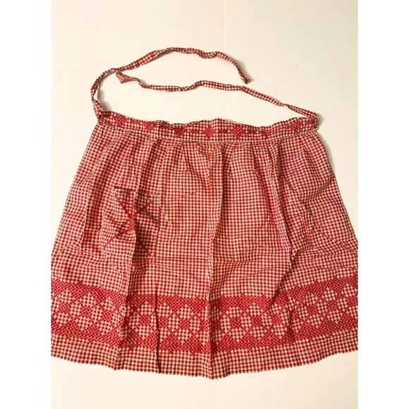 Vintage Red and White Pattern Half Apron One Pocket 18  Inch Long Tie Back - Picture 7 of 12